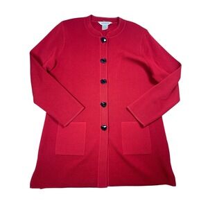 Exclusively Misook Button Up Cardigan Women's Large Red Crew Neck Ribbed Knit